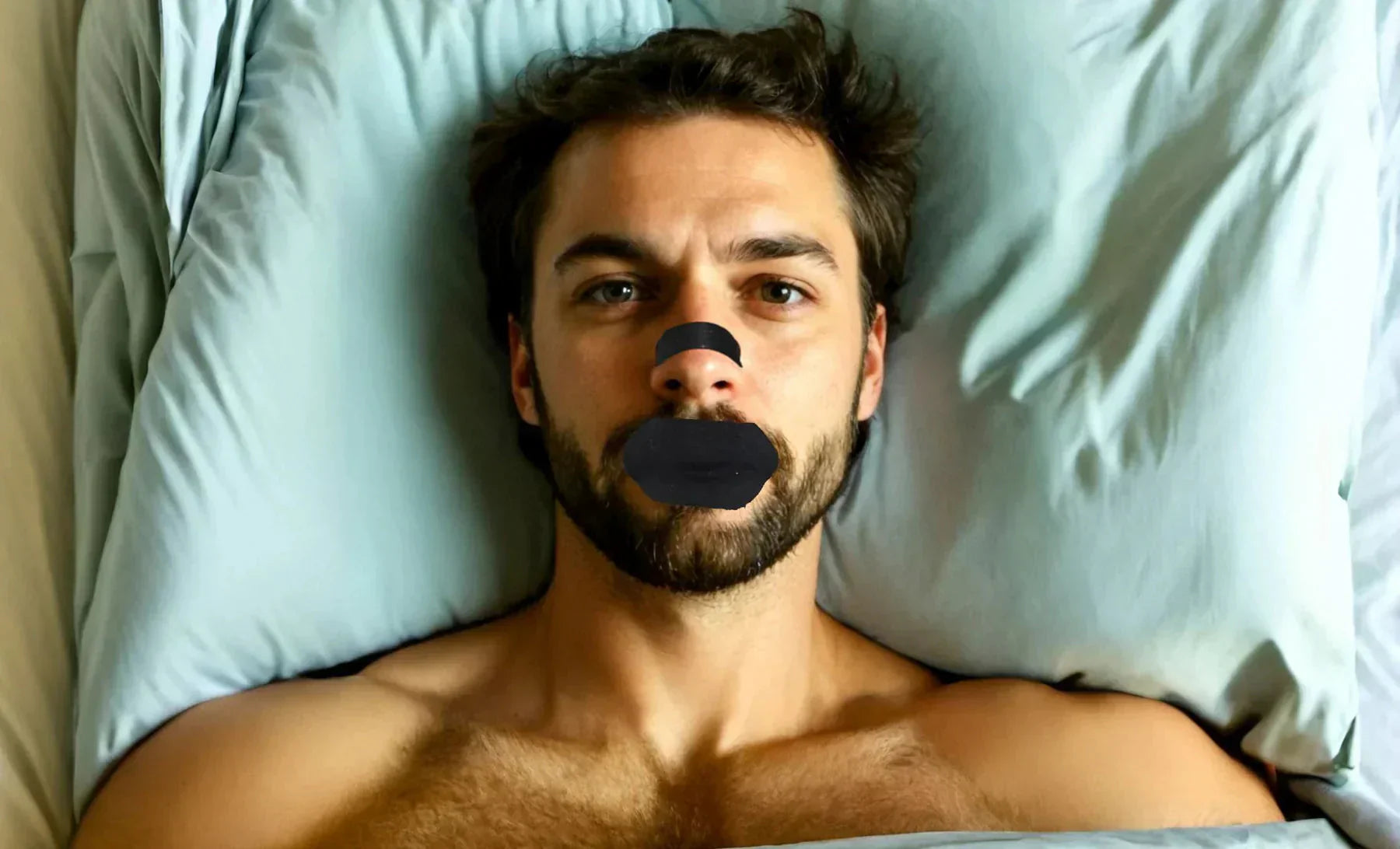 Mann mit Mundtape und Nasenstrip im Bett – Community-Erfahrungen zum Mouth Taping Trend