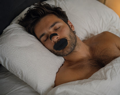 Mann mit schwarzem Mundtape und Nasenstrip im Bett – Nasenatmung verbessern beim Schlafen